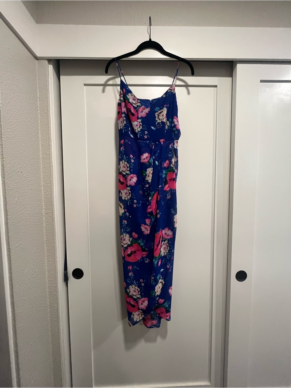 Express Blue Floral Asymmetrical Slip Dress with Pink Accents